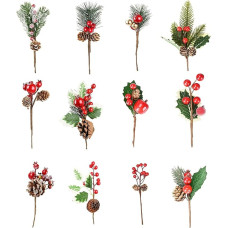 Cymax Künstliche Tannenzapfen, verschiedene Blumen-Picker, rote Beeren, Tannenzapfen, künstliche Baumspieße für Weihnachtskranz, festliche Wintersaison, 12 Stück