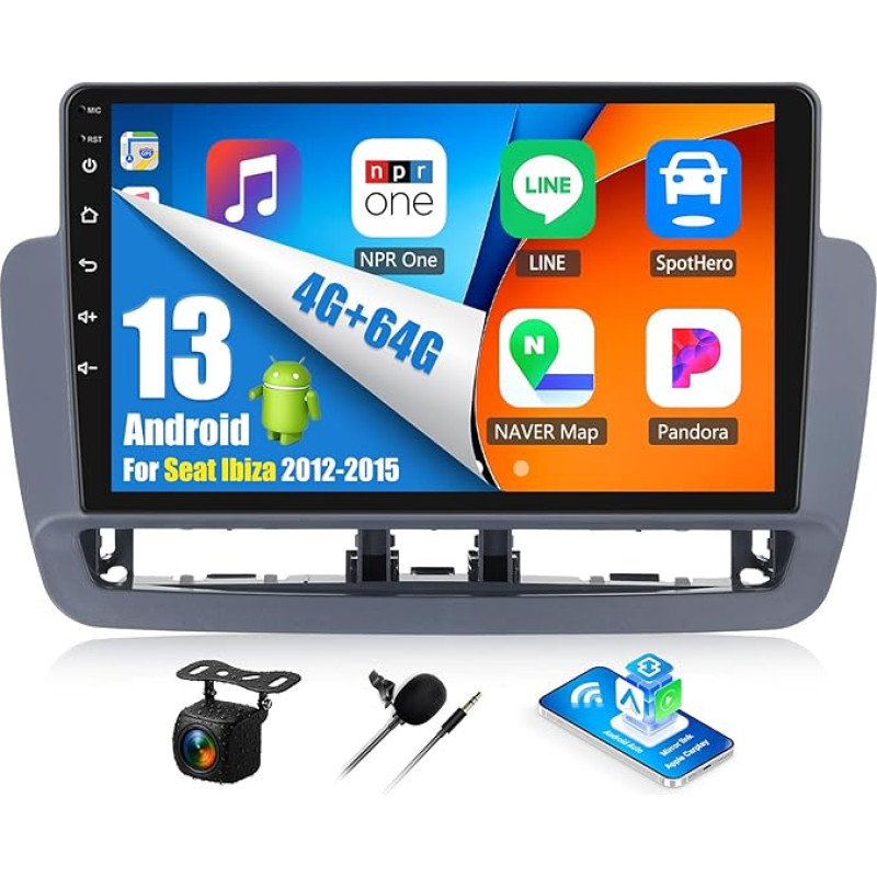 OiLiehu 4+64G Android 13 automobilinis radijas Seat Ibiza 2012-2015 Carplay Android automobilinis radijas su 9 colių ekranu ir Mirror Link Bluetooth FM RDS GPS WiFi + atbulinės eigos kamera