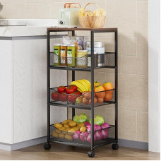HapiRm Vegetable Trolley Fruit Rack Kitchen Vegetable Rack - 4-Tier Fruit Basket Kitchen Trolley with Wheels, Fruit Trolley for Kitchen with Wooden Top, Fruit Vegetable Storage for Potato, Onion