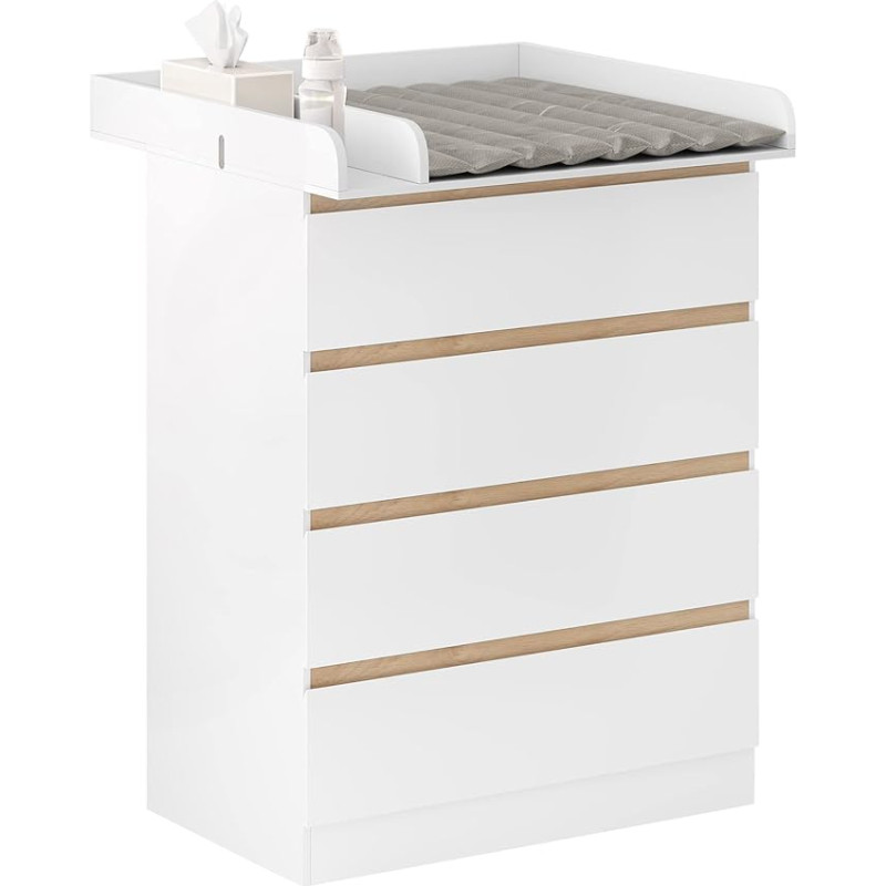 WOLTU Changing Table with Removable Changing Mat, Baby Changing Table, Changing Rack, Chest of Drawers with 4 Drawers, Height 110 cm, White