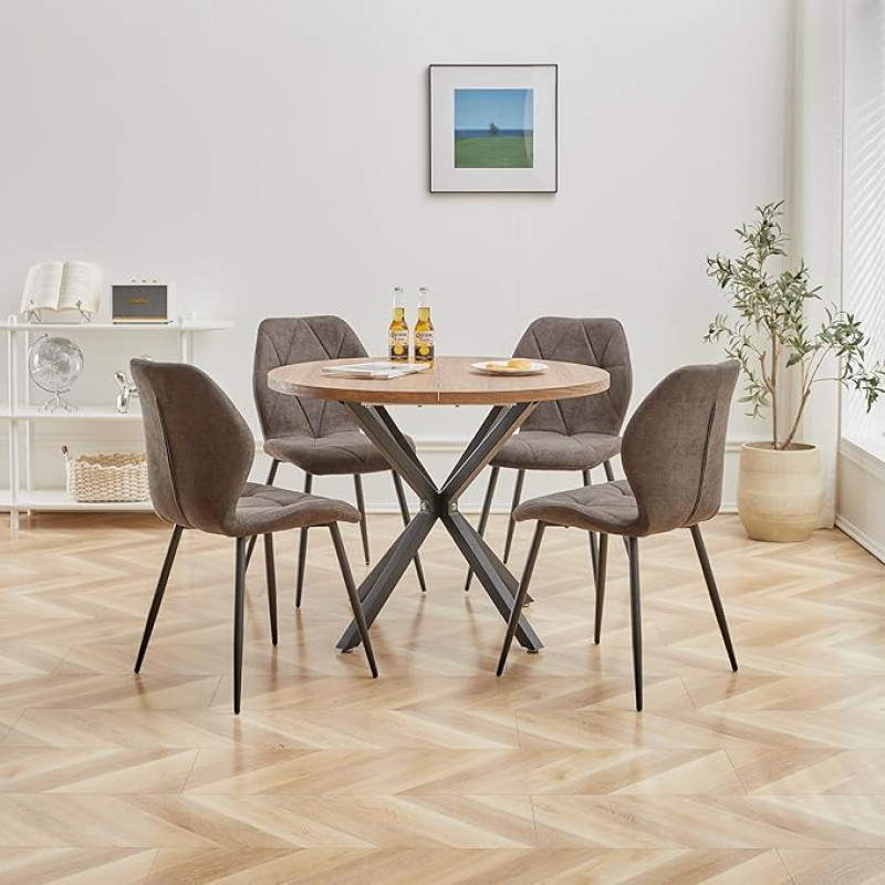 Valgomojo komplektas stalas ir kėdės, 100 cm apvalus valgomojo stalas ir 4 lininės valgomojo kėdės, 4 kėdės ir stalas virtuvei, valgomajam ir svetainei (juodas LX, 100 x 100 x 76,5 cm (tamsaus medžio spalva))