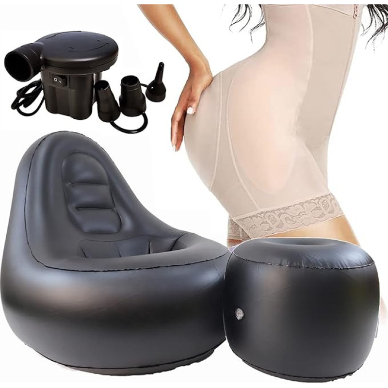 BBL pagalvėlė Pripučiama kėdė / sofa, po operacijos pripučiamas sėdimasis baldas, skirtas greitam atsigavimui po braziliško užpakalio pakėlimo, palengvinantis raktikaulio skausmą, su atrama kojoms ir oro pompa, juodas