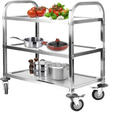 3 Shelves Serving Trolley Stainless Steel Kitchen Trolley 835 x 750 x 400 mm Dining Trolley with Brakes Wheels Load Capacity 110 kg Transport Trolley Service Trolley Trolley for Restaurant Hotel School Kitchen