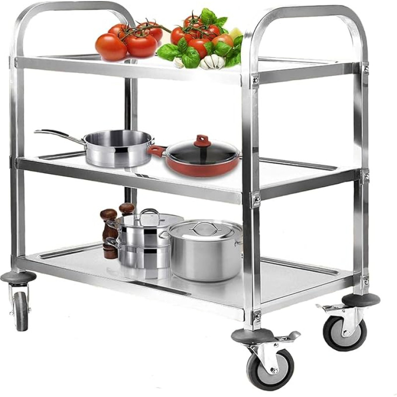 3 lentynos Serviravimo vežimėlis Nerūdijančio plieno virtuvės vežimėlis 835 x 750 x 400 mm Valgomojo vežimėlis su stabdžių ratais Pakrovimo talpa 110 kg Transportavimo vežimėlis Paslaugų vežimėlis Vežimėlis restoranui Viešbutis Mokyklos virtuvė