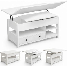 Marctani 3-in-1-Couchtisch, höhenverstellbar, Weiß, mit verstecktem Stauraum und 2 Schubladen, ausziehbarer Wohnzimmerschrank aus MDF-Holz für Schreibtisch und Esszimmer