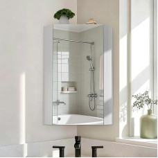 Pamapic Eckspiegelschrank Bad, Badezimmerschrank mit Spiegel, Hängeschrank Badezimmer mit Verstellbaren Ablagen, Schrank mit Badezimmerspiegel, Wandschrank, 32 x 65 cm, Weiß