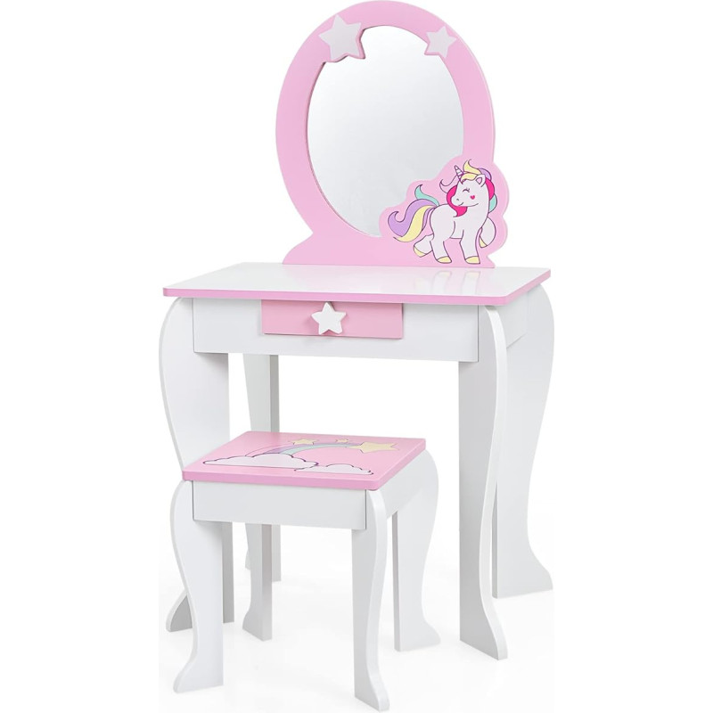RELAX4LIFE 2-in-1 Children's Dressing Table, Dressing Table with Stool & Removable Mirror & Drawer, Wooden Dressing Table, Mirror Table with Sturdy Structure, Cute Gift for Girls Princess (White)