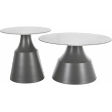 ITAKA kavos staliukų rinkinys, apvalus, baltos ir matinės juodos spalvos, skersmuo 70 cm ir 50 cm, MDF su lukštu ir metalu, 2 dalys