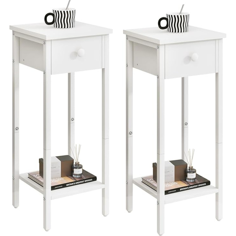 IBUYKE 2er Set Nachttisch, Schmal Nachtschrank, Hoch Beistelltisch mit Einer Schublade, Verstellbarer Füße, 25x25x71 cm, Modern Sofatisch für Wohnzimmer und Schlafzimmer, Weiß TMJ417W-2