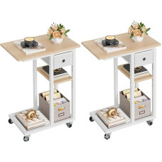 YITAHOME 2 x šoninis staliukas, C formos sofos staliukas su ratukais ir stalčiumi, svetainės staliukas kavai ir nešiojamajam kompiuteriui, skirtas svetainei, miegamajam, 50 x 30 x 67 cm, ąžuolas