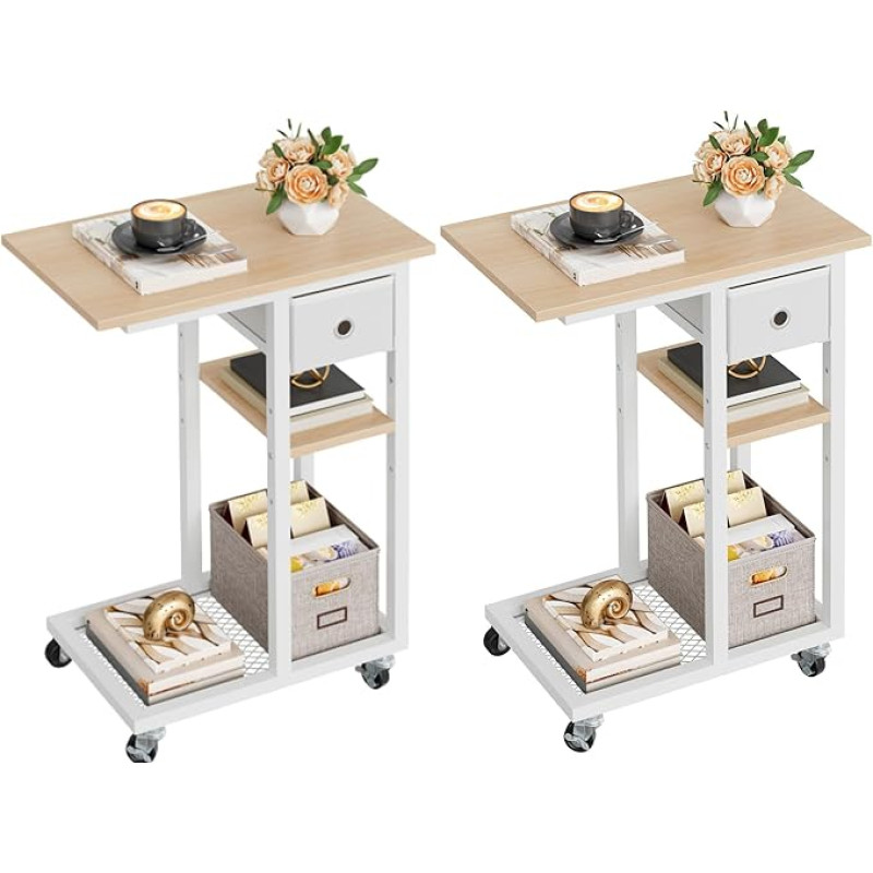 YITAHOME 2 x šoninis staliukas, C formos sofos staliukas su ratukais ir stalčiumi, svetainės staliukas kavai ir nešiojamajam kompiuteriui, skirtas svetainei, miegamajam, 50 x 30 x 67 cm, ąžuolas
