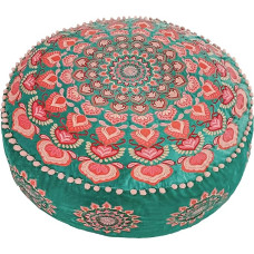 Turquoise Round Pouf Ottoman Cover with Velvet Embroidery - Soft Embroidered Floor Cushion with Moroccan Design, 60 cm Diameter, Ideal for Living Room, Bedroom or Meditation Room