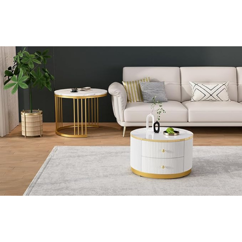 Gecheer Elegantes 2-teiliges Couchtisch-Set in Nestform runde Tische mit hochglänzender Marmoroptik 2 Schubladen bis 30kg belastbar for Wohnzimmer Dekoration