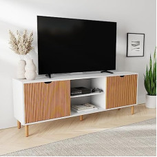 Modern Ribbed TV Stand - 2023 Collection - 70 Inch Entertainment Center Console Table with Storage for Living Room - Fits 81.3 to 80 Inch TVs (White and Oak)
