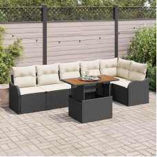 Garten-Sofa-Gruppe mit Stauraum, 7-teiliges Outdoor-Ecksofa-Set in Schwarz und Creme aus Poly-Rattan inklusive Kissen