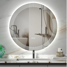 furduzz Apvalus LED vonios kambario veidrodis 700mm Anti-Fog Apskritas apšviestas sieninis sumontuotas su Anti Fog funkcija 3 spalvų atmintis Dimmable White Stripe Pattern