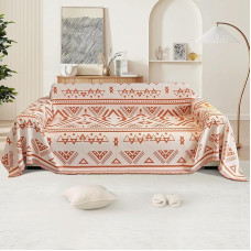 OKYUK Boho Chenille Couch Cover Modern White Cream Beige Black Plaid Geometric Jacquard Sofa Slipcover Multipurpose Living Room Furniture Protector (Star Orange, XXL (180x340cm)