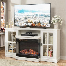 JUMMICO Židinio TV stovas televizoriams iki 165 cm, 3-pusis stiklinis žiniasklaidos pramogų centro konsolinis stalas su kabinetine saugykla, reguliuojama liepsna, LED spalva, skirtas svetainei, baltos spalvos