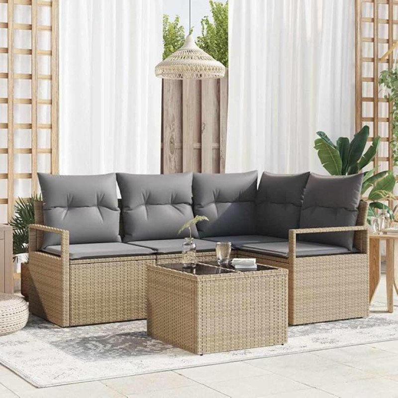 Moderne Terrassenmöbel Garten Sofa Set 4 Stück Outdoor Sofagarnitur mit Kissen aus Poly-Rattan in Schwarz Creme