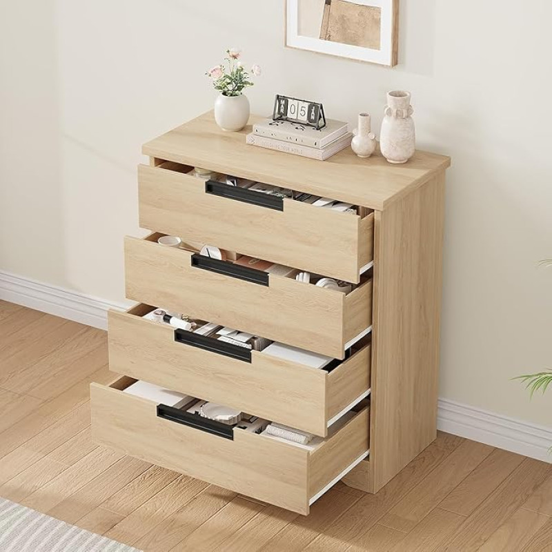 Moderne Kommode mit 4 Schubladen aus Holz, Breite Schubladen-Schrank mit Integrierten Griffen, Stabile Konstruktion, für Schlafzimmer, Flur, Wohnzimmer & Kinderzimmer, 77 x 40 x 92cm, Holzfarbe