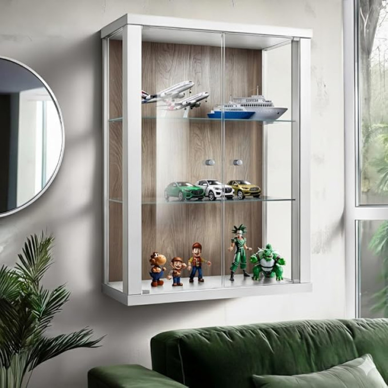 Stiklinė pakabinama vitrina (80 x 60 x 25 cm) - pagaminta Vokietijoje - pakabinama stiklinė vitrina su 2 reguliuojamo aukščio stiklinėmis lentynomis, pagaminta iš ESG, baltos / Sonoma ąžuolo spalvos - vitrina su stiklinėmis durelėmis - sieninė vitrina