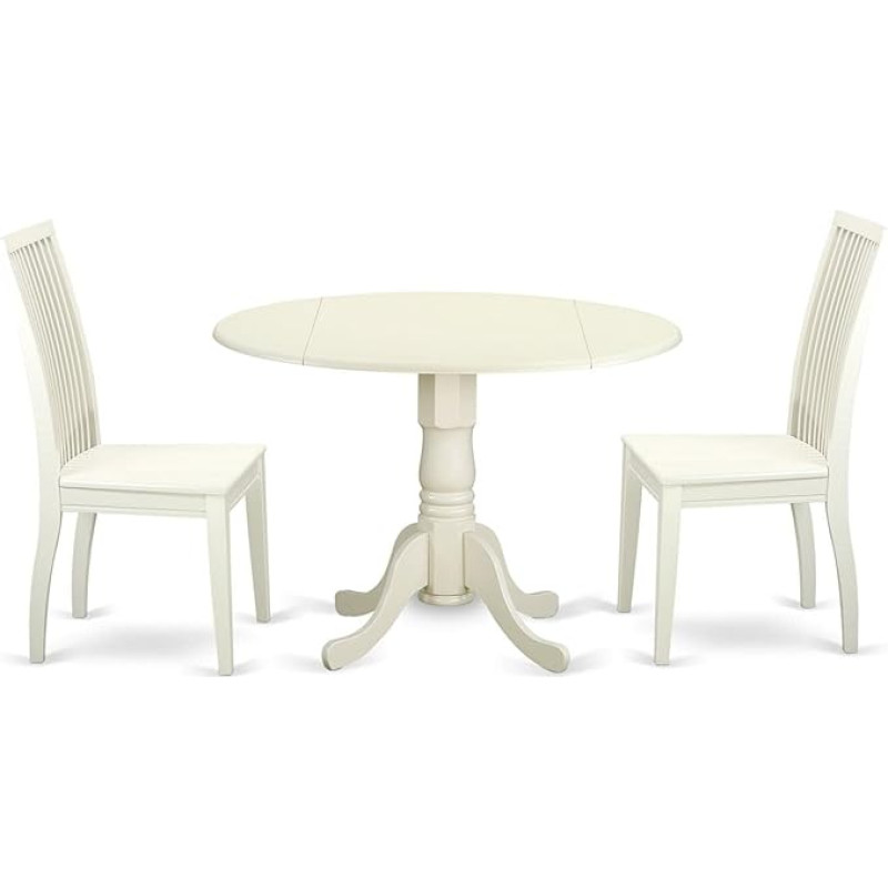 East West Furniture DLIP3-LWH-W 3-teiliges Küchentisch-Set für kleine Räume, enthält einen runden Esstisch mit Dropleaf und 2 Esszimmerstühlen, 106 x 107 cm, Leinenweiß
