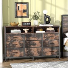 Bonnlo Chest of Drawers Sideboard, 9 Drawers with Non-Slip Protection, 6 Black Metal Handles, Modern, Vintage Colour Chest of Drawers, 140 x 30 x 87 cm