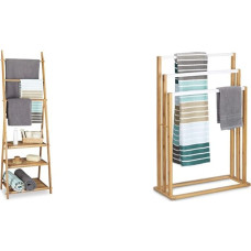 Relaxdays Bamboo Towel Holder, 152 x 53 x 31 cm & Bamboo Stair Shaped Towel Rail with 3 Towel Rails as Elegant Bathroom Accessory for Natural Style Hand Towels, 24 x 54 x 82 cm, White