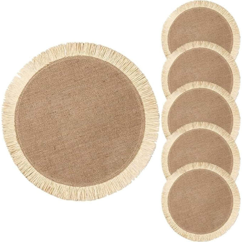 6 Stück Runde Gewebte Jute Platzsets mit Fransen Hitzebeständig und Vielseitig Dekorative Besteckmatte für Töpfe und Tassen als Fotorequisite oder Einweihungsgeschenk