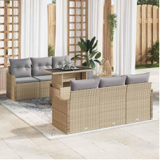 Modulares Garten Sofa Set 7-teilig Schwarz Poly Rattan mit Tisch und Kissen, Garten Sofa Set mit Glasplatte, modulares schwarz