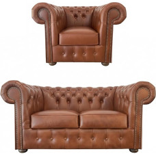 Generisch Chesterfield Casa 2 vietų sofos ir fotelio komplektas Italijos natūrali oda Brandy Brown Button Tufted apmušalai Klasikinis derliaus stilius Rankų darbo