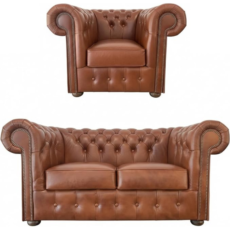 Generisch Chesterfield Casa 2 vietų sofos ir fotelio komplektas Italijos natūrali oda Brandy Brown Button Tufted apmušalai Klasikinis derliaus stilius Rankų darbo