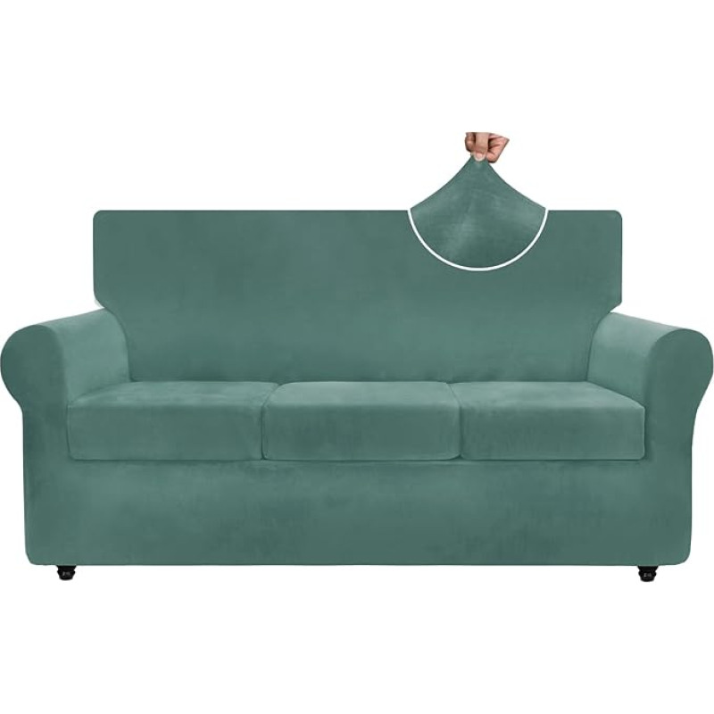 ZNSAYOTX Luxus-Samt-Couchbezug, 4-teilig, Stretch-Sofabezüge für 3 Kissen, Couch, dick, weicher Spandex-Sofabezüge, Wohnzimmer, rutschfest, Hundemöbelschutz (Erbsgrün), 180,3 cm - 231,1 cm (3 Kissen)