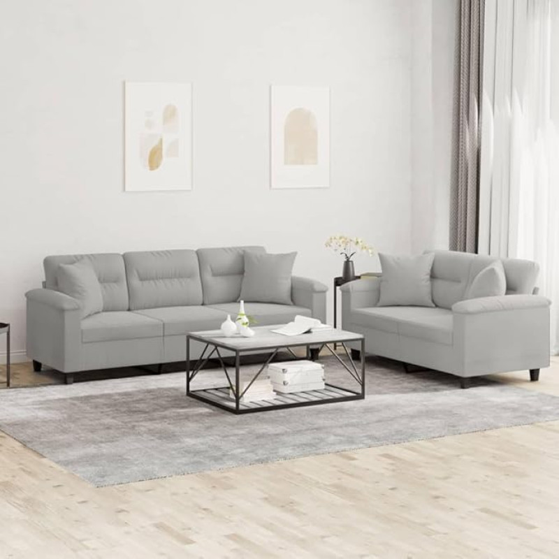 ZEYUAN 2-TLG. Sofagarnitur mit Kissen Hellgrau Mikrofasergewebe, Loungesofa, Sofos ir sofos, Relaxsofa, Couch für Wohnzimmer, Couch Mit - 3202351