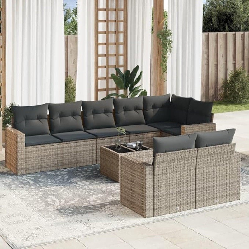 Modulares Gartensofa Set aus Poly Rattan als 9-TLG. Garten-Sofagarnitur mit Kissen in Grau und praktischem Stauraum