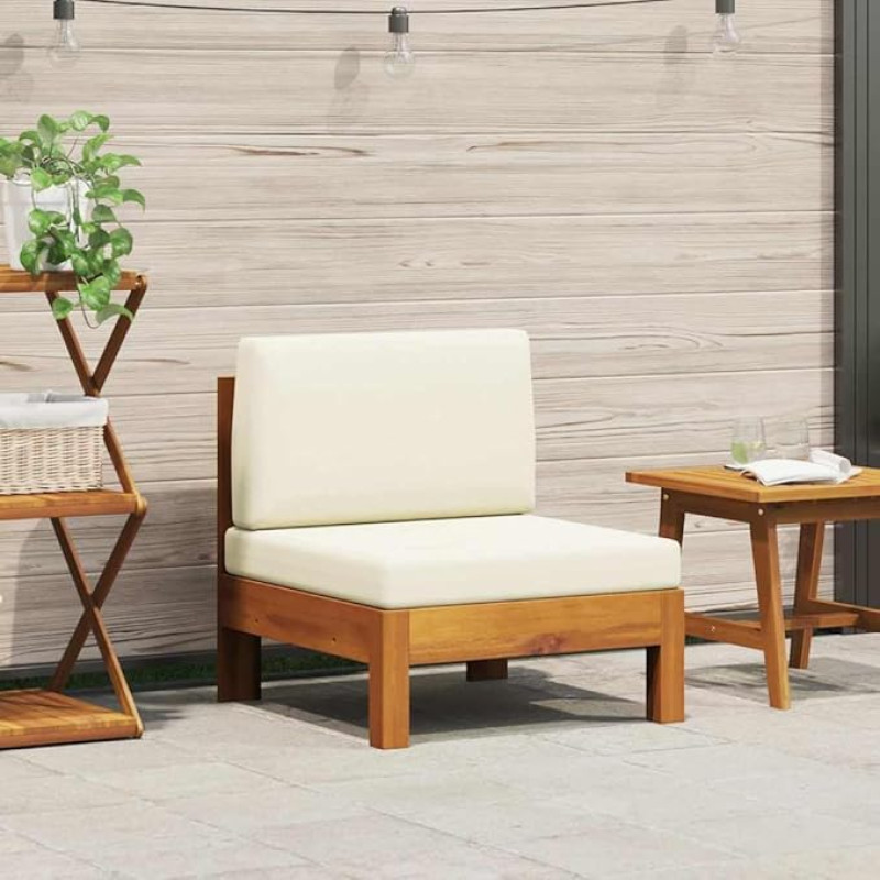 Mittelsofa mit 1 Armlehne aus massivem Akazienholz, 2-TLG. Garten-Lounge-Set mit cremeweißen Kissen für den Außenbereich, massives Akazienholz Sofa und Tisch Set