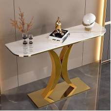 Schmaler Konsolentisch Für Den Eingangsbereich Mit Marmor-Tischplatte,X-förmiger Couchtisch hinter dem Sofa für Wohnzimmer,Künstlerischem Metalgestell(White+Gold,100cm)