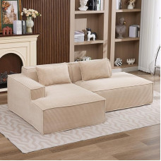 L-Shaped Modular Sofa, 3-Seater Corner Sofa with Sleep Function, L Shape Couch Corduroy for Living Room, Foam Sofa Chaise Lounge Left Khaki