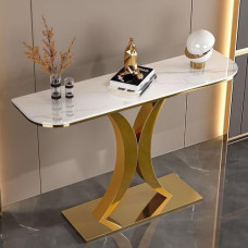 Schmale Konsolentische aus Glas für Flur, Wohnzimmer und Schlafzimmer; schmale Konsole mit Steinplatte und geometrischem Schmiedeeisengestell; einfache Montage.