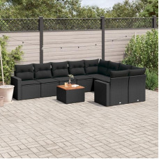Garten Sofagarnitur 10-TLG. Schwarz aus Poly Rattan mit Kissen und Akazienholz Tisch