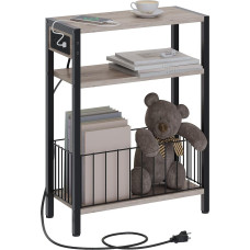 TRIFEBLE Slim Side Table with Charging Station, Small Side Table for Small Spaces, Slim Bedside Table with Storage Basket, 3-Tier Skinny Bedside Table for Living Room, Bedroom, Greige