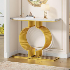Soweiz Modern High-Gloss Coffee Table, Small Side Table for Living Room, Console Table, Golden Base Can Be Installed in Two Ways, 100 x 30 x 80 cm (White + Gold)
