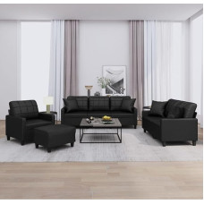 4 dalių sofos komplektas su pagalvėlėmis Juoda dirbtinės odos sofa su miego funkcija