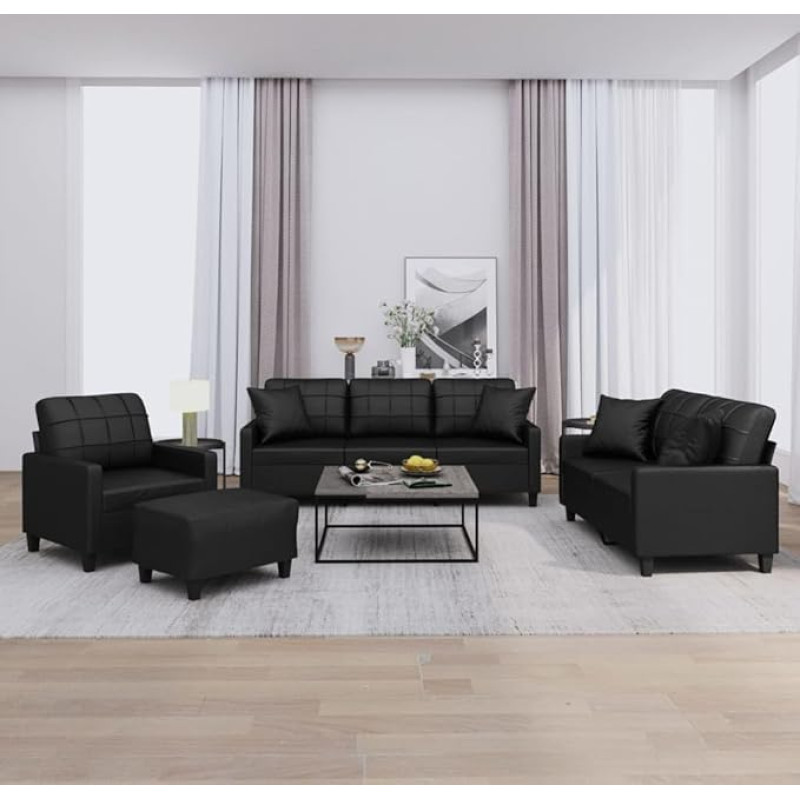 4 dalių sofos komplektas su pagalvėlėmis Juoda dirbtinės odos sofa su miego funkcija
