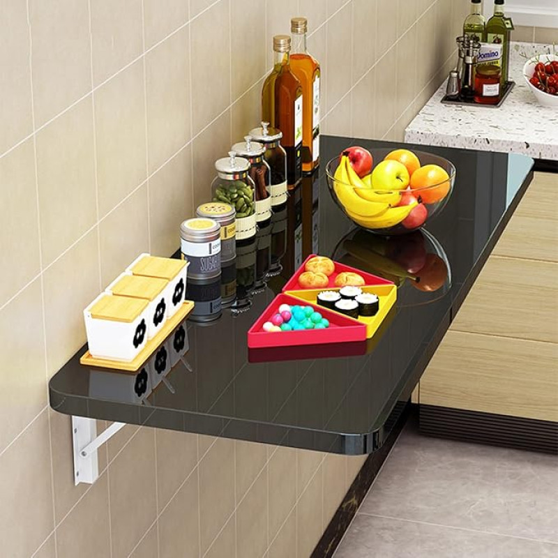 Robuster schwarzer Wandtisch für kleine Räume, idealus Küche, Waschküche und Restaurant, 60 x 40 cm, faltbarer Wandschreibtisch