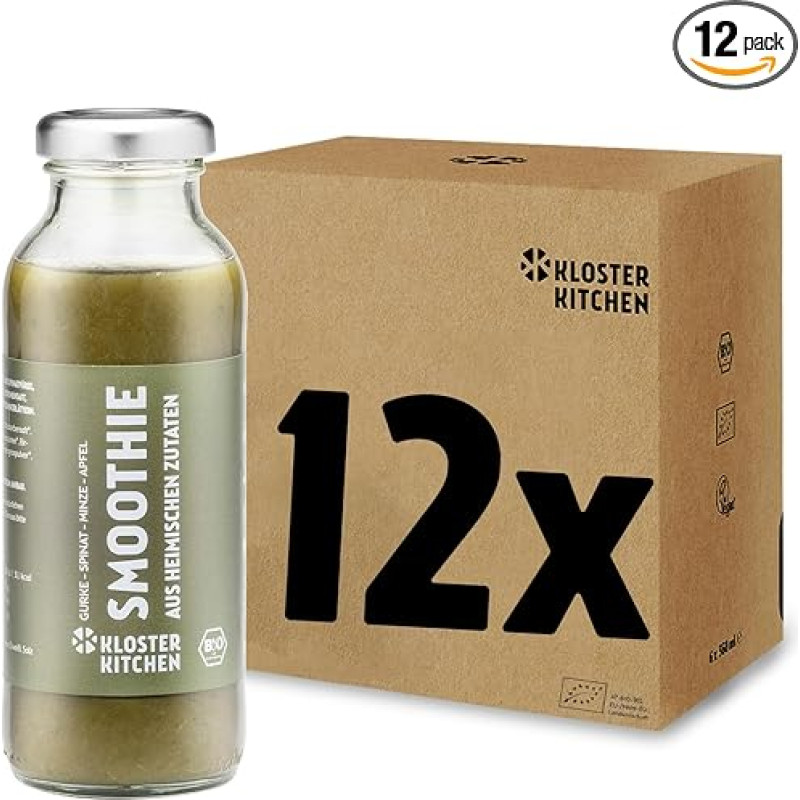 Kloster Kitchen Organic Smoothie Green Cucumber Spinach Mint Apple 12 x 250 ml I Superfood Breakfast Vegan I To Go Glass Bottle I Power Food Made from Home Ingredients