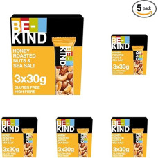 BE-KIND, medaus grūdų batonėliai, be glitimo, užkandžiai, meduje skrudinti riešutai ir jūros druska, 3 x 30 g (5 vnt.)