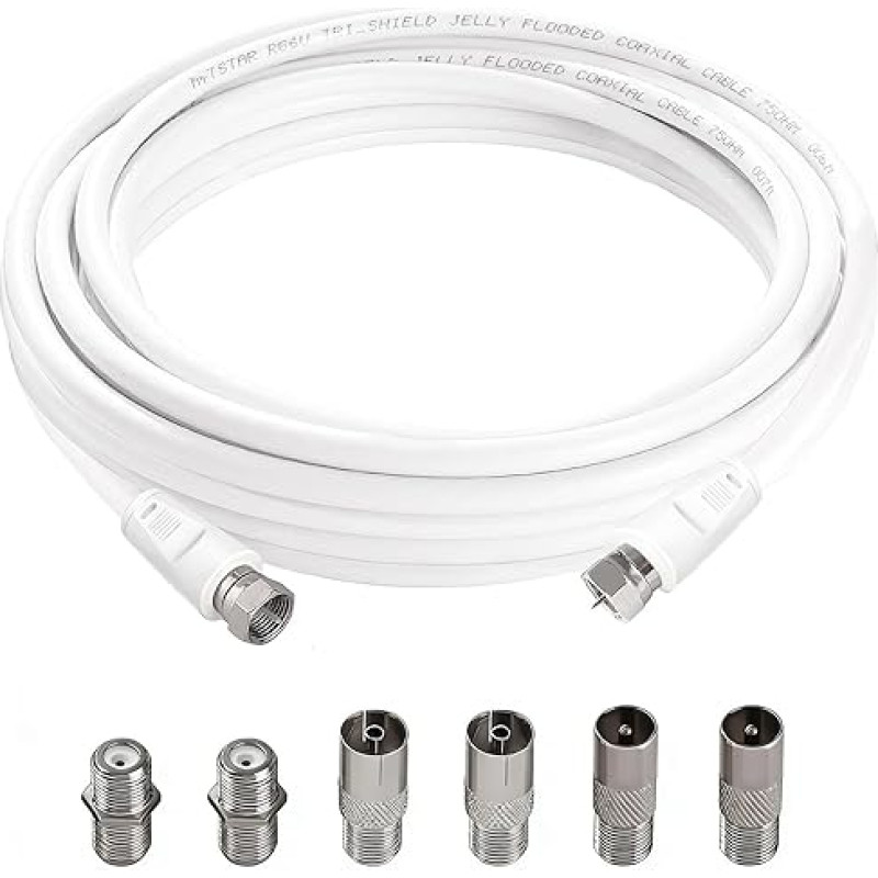 SAT Antenna Cable 2 m, F Male to F Male High Speed RG6 Coaxial Cable with 6 Pieces Extension Couplings, 75 Ohm RG6 Cable for Cable Box TV Digital Router Satellite Cable White
