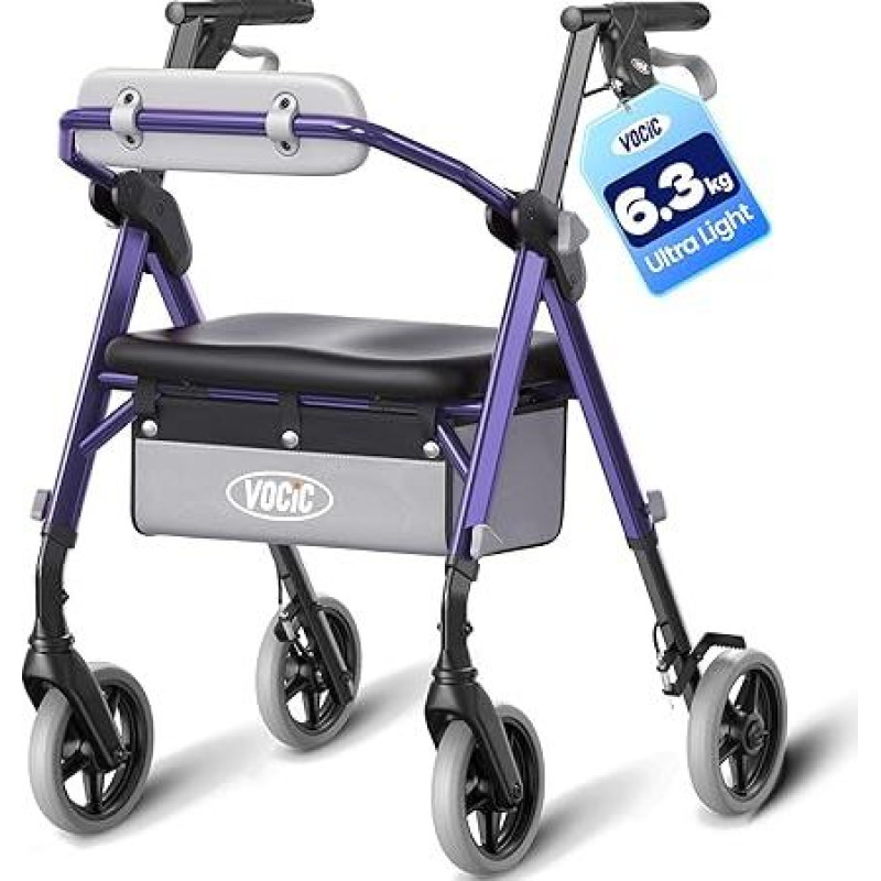 VOCIC sulankstomas ir lengvas roleris su sėdyne, 6,3 kg itin lengvas roleris, lengvai sulankstomas senjorams, ne daugiau kaip 150 kg, ergonomiška sėdynė, reguliuojamas aukštis, siaura vaikštynė namams ir kelionėms, violetinės spalvos
