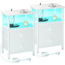 AMHANCIBLE EHETS02WT Naktinis staliukas su įkrovimo stotele ir LED žibintais, sofos staliukas su 2 medžiaginiais stalčiais, medinė naktinė spintelė su atvira lentyna miegamajam, svetainei, balta, 2 vnt.